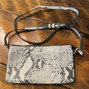 GILI leather snake print crossbody bag or clutch. Gray/white gold trim zip top